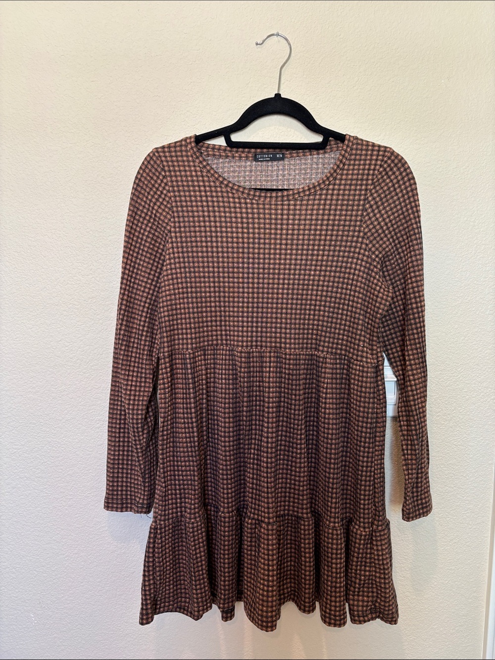 Cotton On Brown & Black Long-Sleeve Tiered Dress
